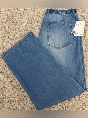 Women’s H&M Wide Leg Jeans Blue Medium Wash Chambray Drawstring Elastic Waist M